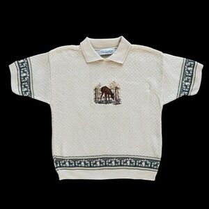 Chelsea Gardens Vintage Horse Knit Polo Sweater Ivory Sz M Cottagecore 80s 90s